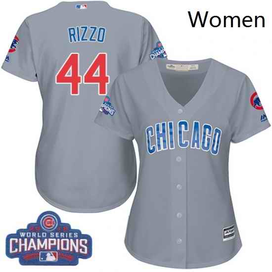 Womens Majestic Chicago Cubs 44 Anthony Rizzo Authentic Grey Road 2016 World Series Champions Cool Base MLB Jersey